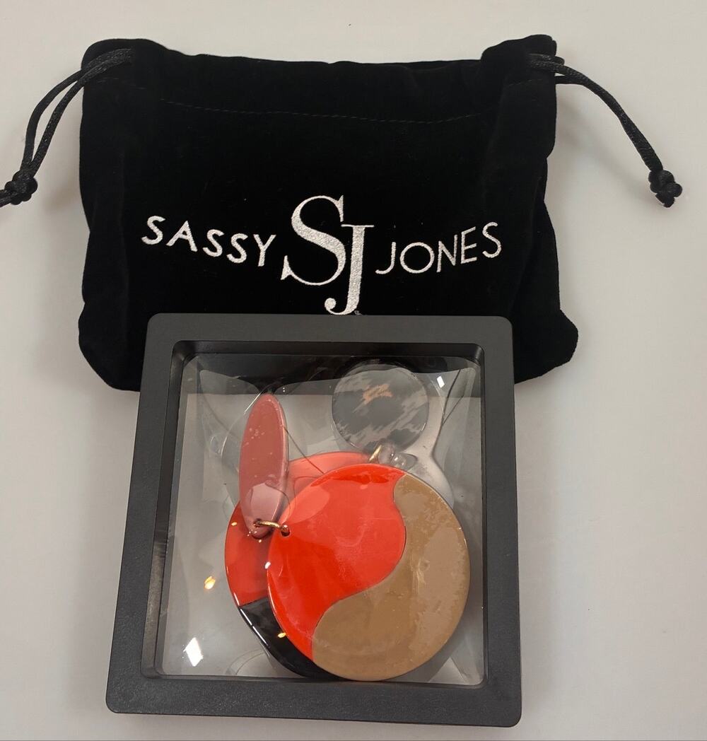Sassy Jones Emberlynn Irregular Dangle Earrings Asymmetric Resin Coral Black NIB